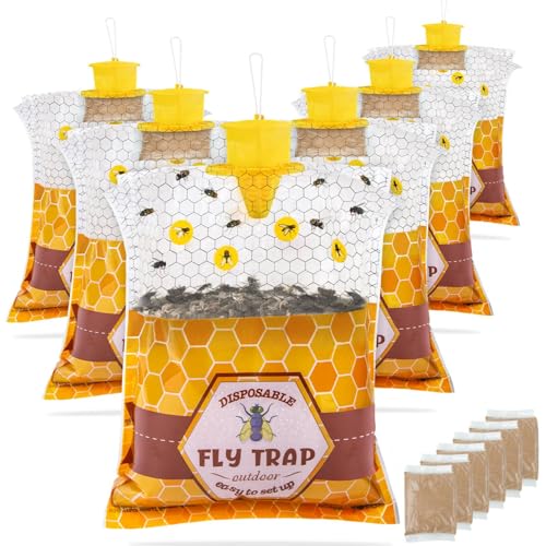 6 Pack Big Fly Traps Outdoor Hanging for Patio Flies Bags Outdoor Disposable with 50g Bait Bug Fly Hunter Catcher Killer Control for Barn Horse Ranch Chicken Coop