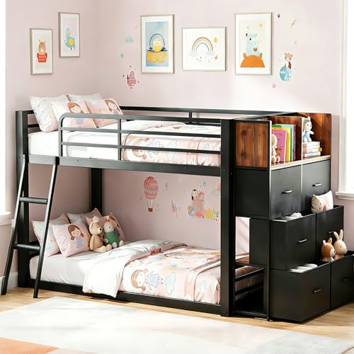 Mixcous Twin Over Twin Metal Loft Bed, Low Bunk Bed with Reversible Storage Dresser, Kids Teens Floor Bunk Bed with Drawers, Full-Length Guardrails, No Box Spring Needed, Black