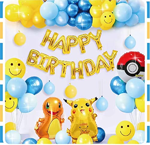 Lot de 49 accessoires de fête d'anniversaire Pikachu, décorations Pikachu comprenant une bannière, des ballons en latex et des ballons en aluminium à l'hélium Cover