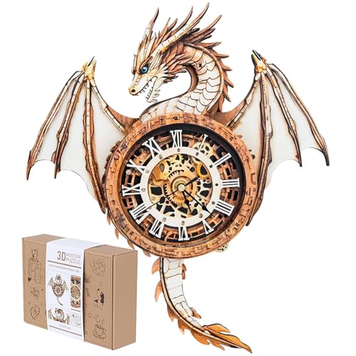 Jollitot 3D Puzzles for Adults, Dragon Wall Clock 3D Wooden Puzzles Clock Model Kits DIY, Unique Craft Gift forMen Dad Husband, Holiday Birthday...