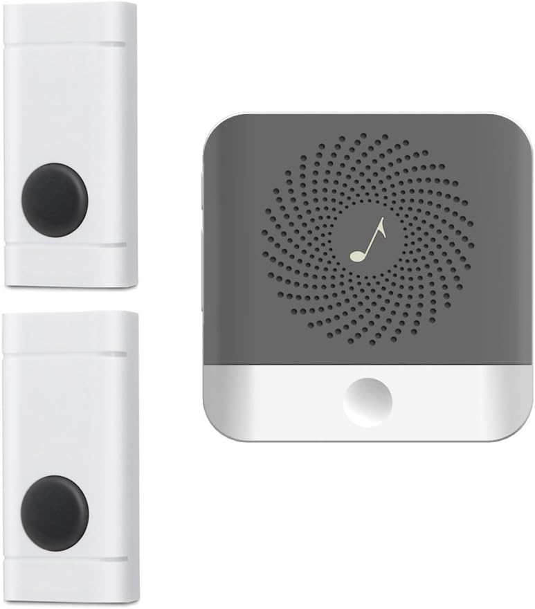 Wireless Doorbell with 2 Push Button Waterproof Transmitter and 1 Plugin Receivers Operating at over 1000-feet Range with Over 50 Chimes, No Batteries Required for Receivers