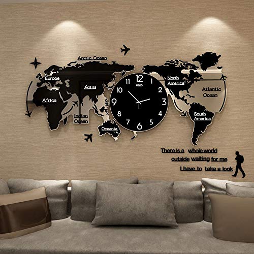 Horloge Murale DIY 3D Carte du Monde en Acrylique - Belle Art Décoratif pour Salon, Chambre, Bureau (Noir), 120×55cm