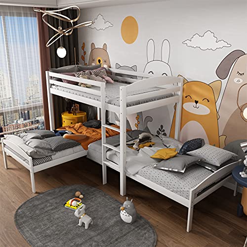 Triple Bunk Beds L-Shape Bunk Bed Frame for 3 Wood Twin Over Twin Corner Bunk Bed for Kids / Boys / Girls / Teens (Twin Over Twin, White)