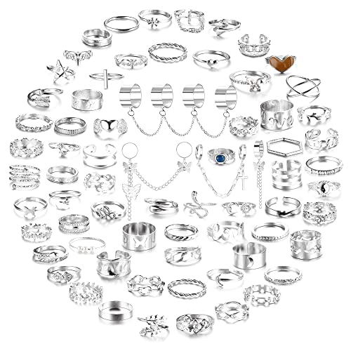 LOLIAS 70 Pcs Lot Bague pour Femme Bohème Vintage Empilable Doigt Or Argent Anneaux Chaîne Serpent Papillon Midi Thumb Joint Ouvert Bague Set Gothique Esthétique Anneaux Bague Reglable Pack