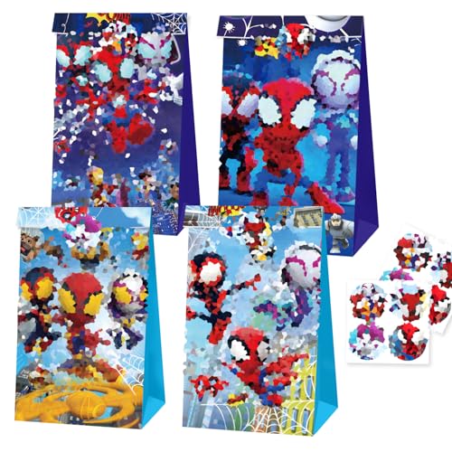 12 Pcs Spidey Party Bags Paper (With 12 Theme Stickers) Birthday Gift Bags Party Supplies (Paper)