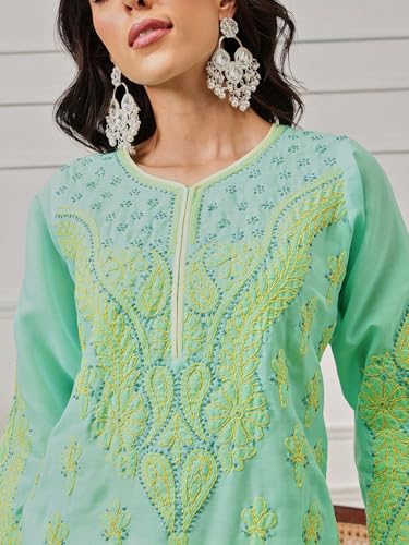 Image of Ada Lucknowi Hand Embroidered Chikankari Cotton Kurta Kurti Tunic for Women A253605 (Sea Green, 3XL)