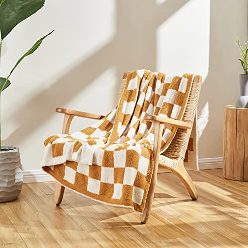 Image of CozeCube Orange White Reversible Checkered Knit Throw Blanket 60 inchx80 inch