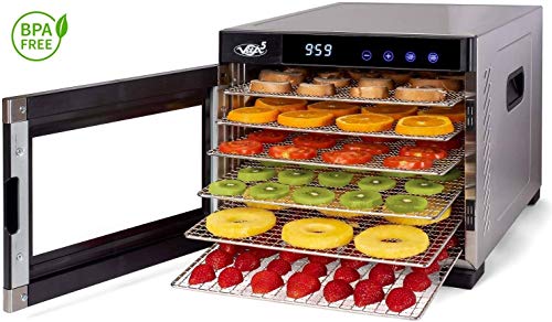 VITA5 Deshidratador Alimentos Acero Inoxidable  Temporizador 24 Horas  Temperatura: 35 a 75ºC + Extra: 1x Malla Fina y 1x Bandeja Antigoteo Nobel Pro (6 Bandejas)