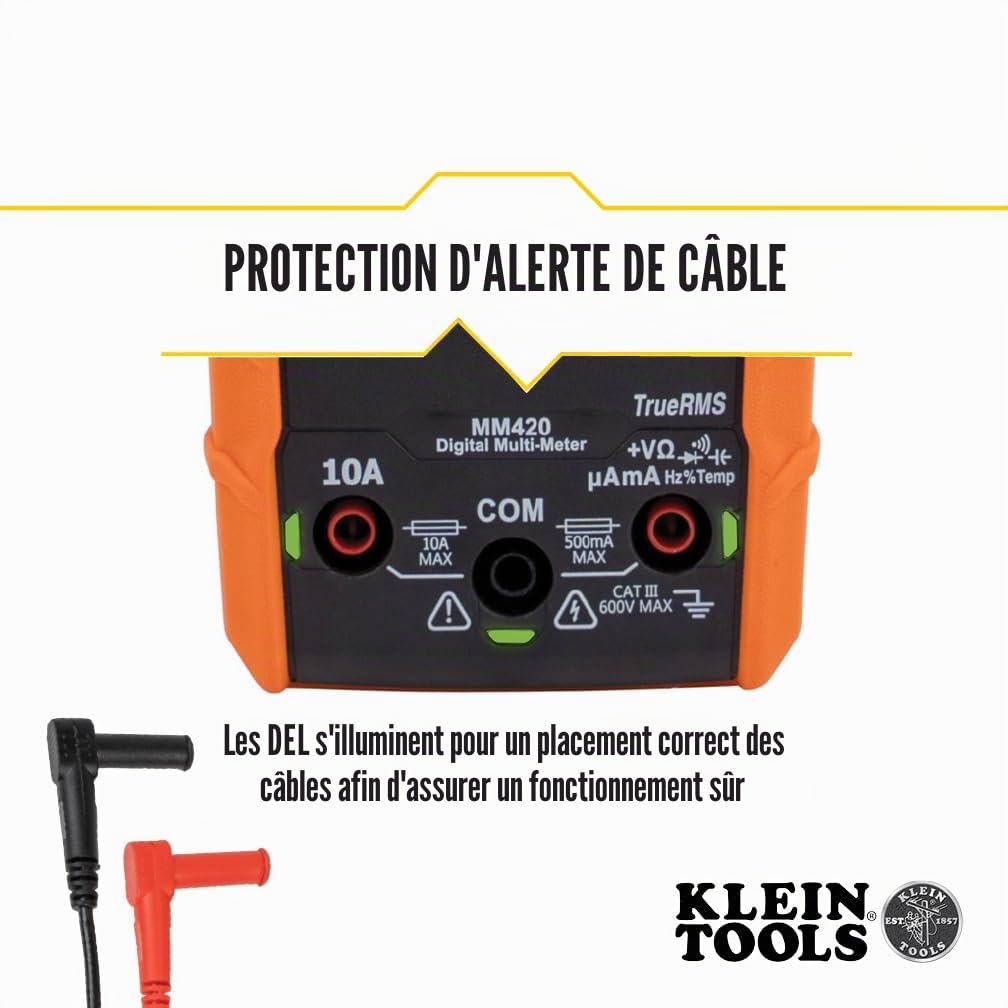 Klein Tools MM420 Multimètre numérique TRMS 600V AC/DC | Auto-plage | Tension Courant Résistance Fréquence Capacitance | Test diode Continuité CAT III