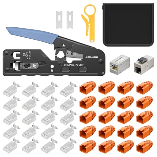 iwillink Juego de herramientas de red, crimpadora RJ45 con 20 conectores RJ45 Cat 7 (Pass through, apantallado), 1 pelacables, 1 acoplamiento RJ45 Cat7, 1 módulo Keystone RJ45 para cable RJ45, RJ11
