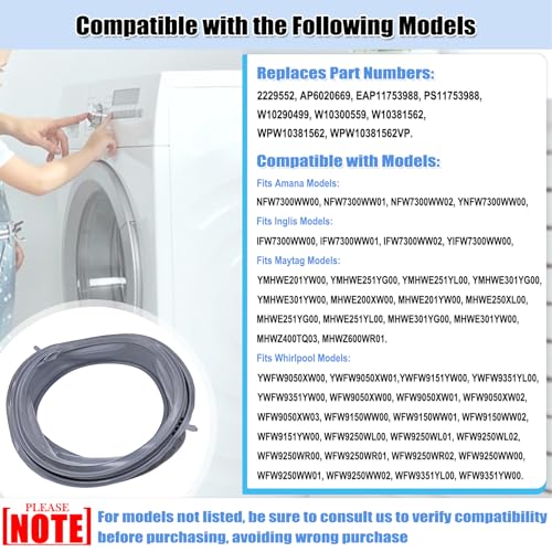 Image of W10290499 WPW10381562 Washer Door Bellow, W10381562 Washing Machine Door Boot Seal Gasket Replacement Parts AP6020669, PS11753988