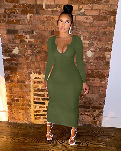 Image of Women Sexy Two Piece Skirt Outfits Long Sleeve /Sleeveless V Neck Bodycon Ribbed Knitted Maxi Club Party Dress