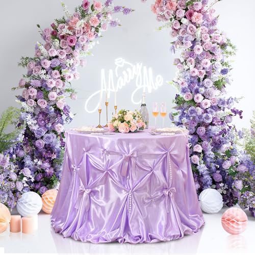 Mantel redondo de 228 cm con lazo y perlas, lavable, para bodas, fiestas, Navidad, banquetes, cumpleaños, color morado claro
