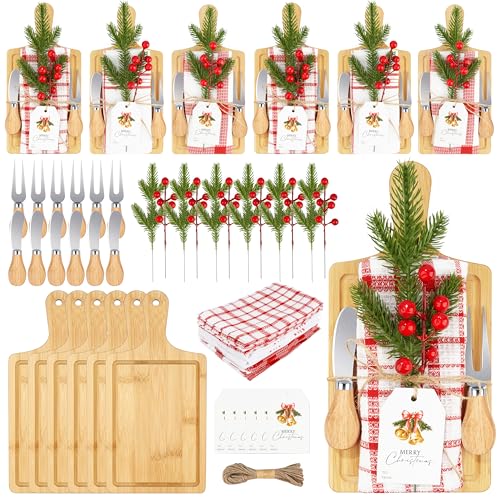 6 Set Christmas Cutting Board Bulk-Christmas Kitchen Gift Set Wooden Cheese Charcuterie Board Kit with Tea Towels Cheese Knife Set Red Berry Housewarming Gifts for Neighbor Xmas Holiday Party Decor