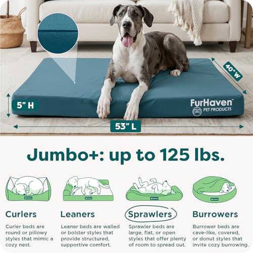 Image of FurHaven Water-Resistant Orthopedic Dog Bed for Large Dogs, Oxford Polycanvas Mattress, Solid Orthopedic Foam Slab for Joint Support, Removable Washable Cover, Jumbo Plus /XXL, Deep Lagoon