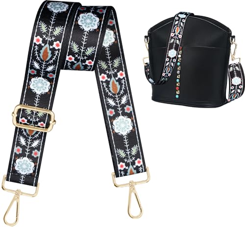 Image of Lyrovo Adjustable Purse Strap Replacement for Women, 1.5 inch Wide Crossbody Shoulder Strap Boho Handbag Strap(Flower Black)