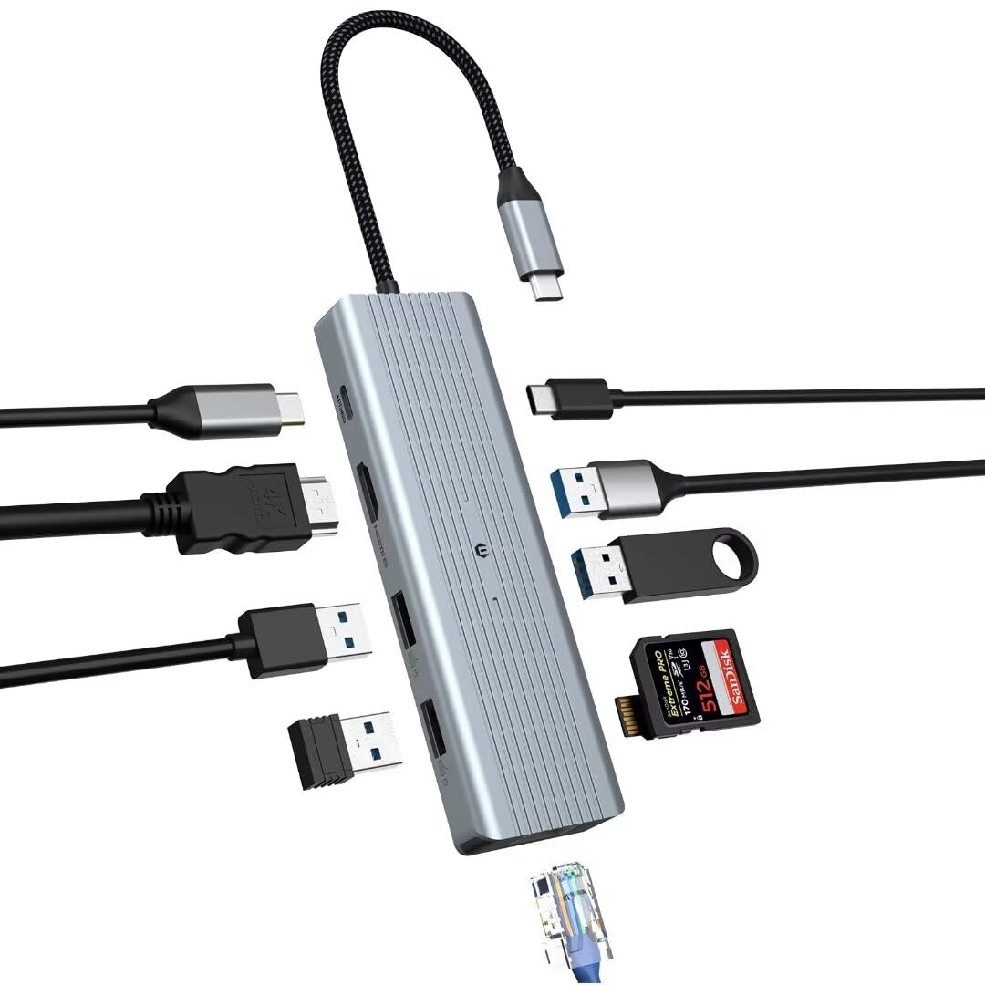 USB C Hub, 10 in 1 USB C Hub LAN pour MacBook Pro/Air, HP, Lenovo, Dell, Gigabit Ethernet, USB C Ethernet Adapter 4K HDMI, PD 100W