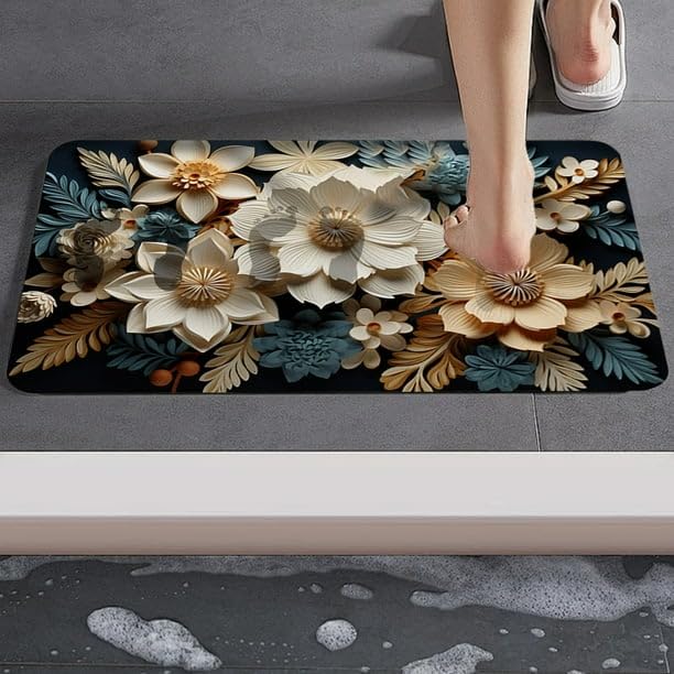 Image of Non-Slip 3D Floral Bath Mat, Quick Dry Absorbent Silicone Floor Mat, Anti Skid Doormat for Bathroom, Home, Office, Living Room, Hallway Runner, Soft Cushion Carpet Rug (3D Flowers)
