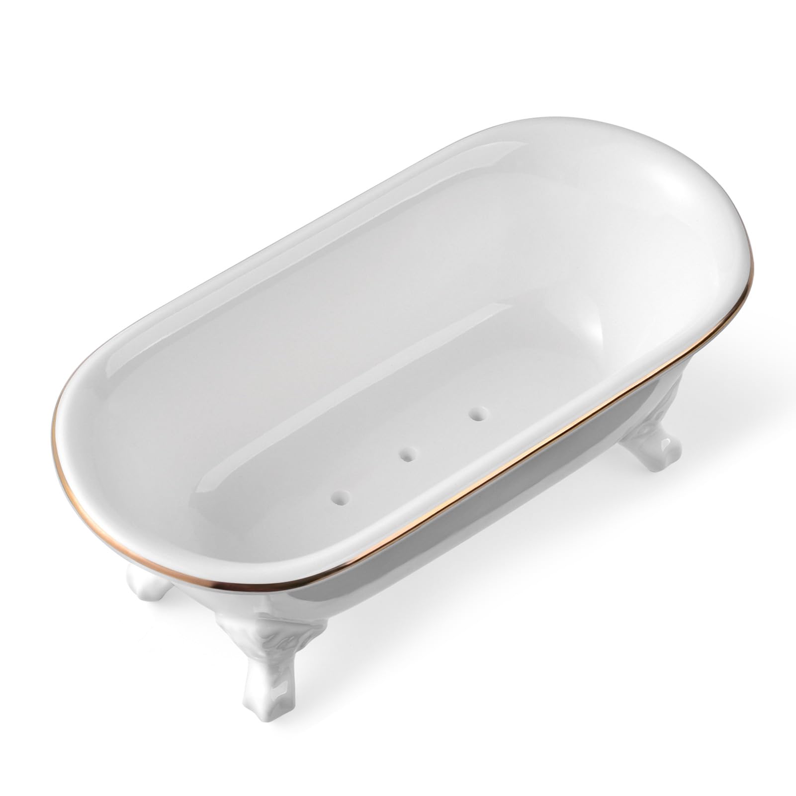 Jabonera decorativa de cerámica de 6.5 pulgadas, soporte de esponja de cocina y bandeja de ducha para baño, 1 paquete (borde dorado blanco)