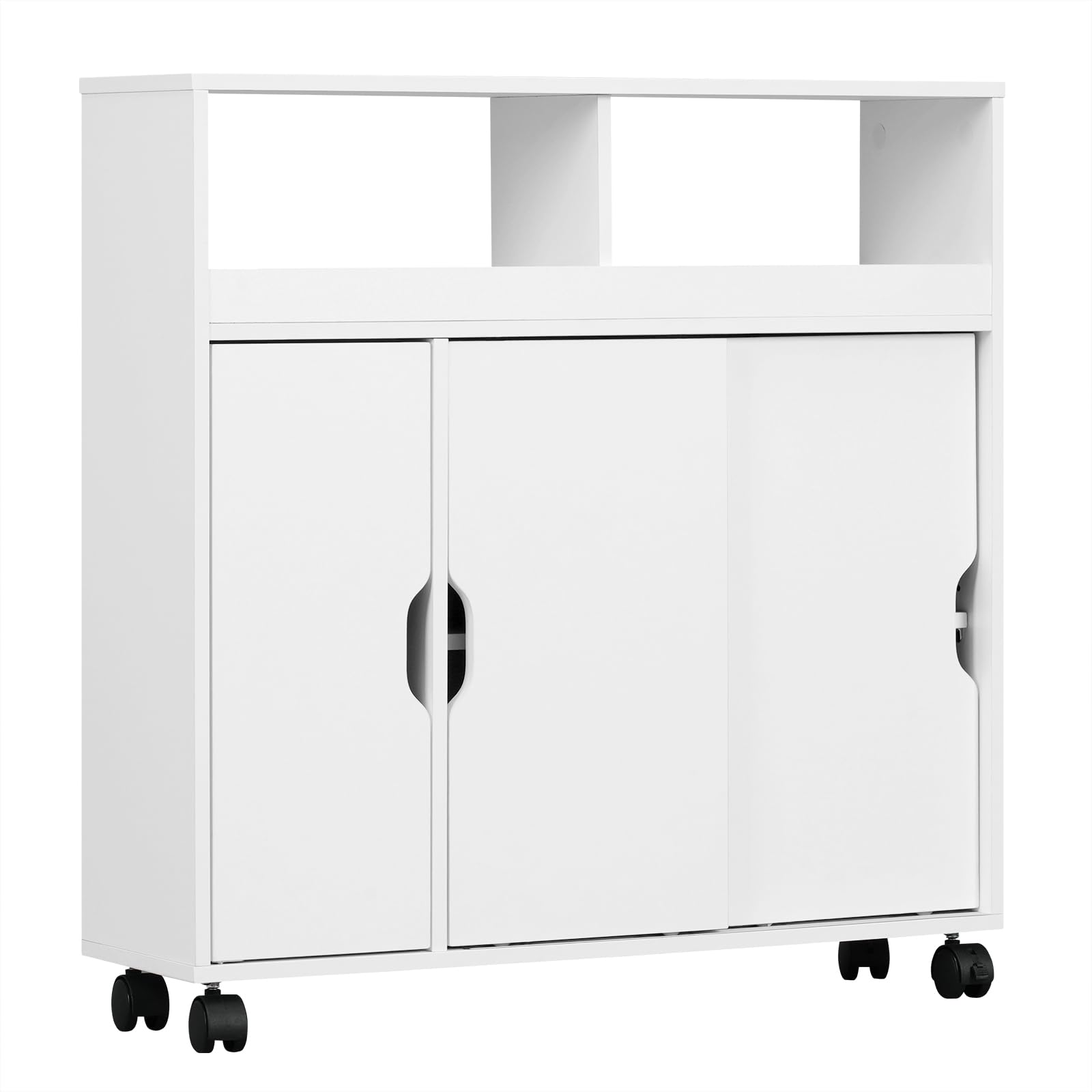 EUGAD Mobile da Bagno con Ante e Ruote, Armadietto da Bagno con Scomparti Aperti e Nascosti, Mobiletto Multiuso, per Cucina, Bagno, in Legno, Bianco, 70x20x71,5 cm