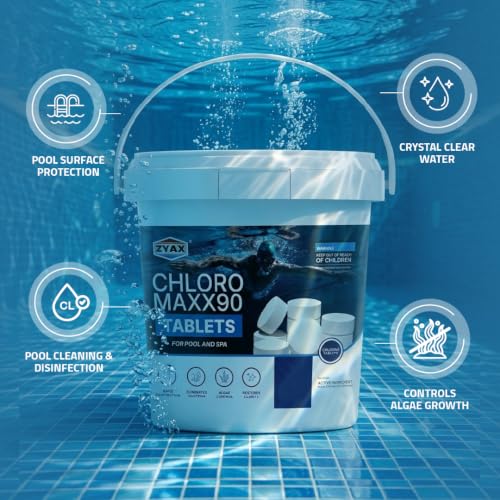 Image of Chloro Maxx TCCA 90 Chlorine Tablets 5KG (25 Tablets), Stabilized Pool Chlorine Tablets, 90% Available Chlorine, Swimming Pool Water Sanitizer, Algae Control & Water Treatment
