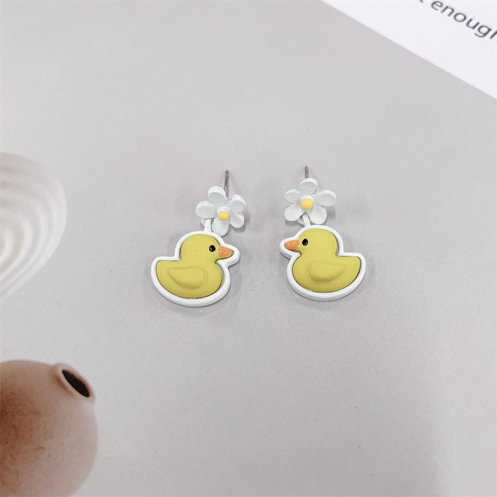 Cute Yellow Duck Dangle Drop Earrings for Women Sterling Silver Posts Tiny Flower Funny Cartoon Animal Dangling Statement Studs Hypoallergenic Lightweight Summer Party Jewelry - Image 4