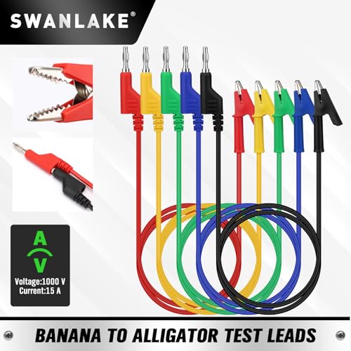 Image of SWANLAKE 5-Piece Banana Plug to Alligator Clip Test Leads, 1000V 15A 3.5ft /1M Multimeter Electrical Alligator Clips, Flexible Copper Cable Banana Plug, Electrical Wires with Gator Clips