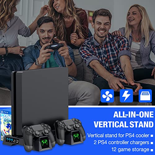 PS4 Cooling Fan with Controller Charger Compatible with Playstation 4/PS4 Slim/PS4 Pro, PS4 Stand Vertical Cooling Station for PS4 Accessories,PS4 Pro Cooling Fan with Dual Charger & 12 Game Slots