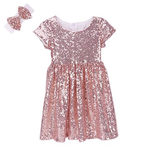 Cilucu Flower Girl Dress Baby Toddlers Sequin Dress Kids Party Dress Bridesmaid Wedding Gown Birthday Dress Rose Gold/Off White 3T-4T
