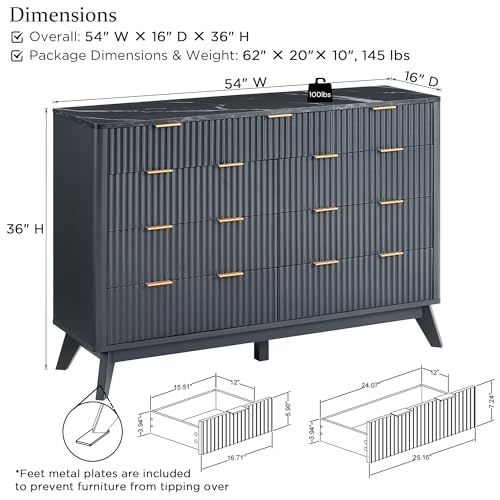 Image of T4TREAM Fluted 9 Drawers Dresser, 54 inch Wide Modern Chest of Drawers with Faux Marble Top, Curved Profile Design, Dresser TV Stand, Wood Drawer Organizer for Bedroom, Living Room, Hallway, Dark Grey