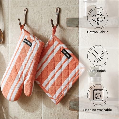 Image of Encasa XO Heat Resistant 100% Cotton Oven Glove & Potholder Set with Loop, Kitchen Cooking Mittens, Microwave Safe Hot Pads (Franca Orange Stripes)
