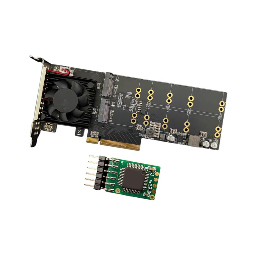 TsoLay PLX8747 PCIe 3.0 X8 4-Bay NVMe Erweiterungskarte Plug&Play - Halbhöhen-/Vollhöhen-Befestigungsset Unterstützt M.2 SSD mit Kühlventilator A