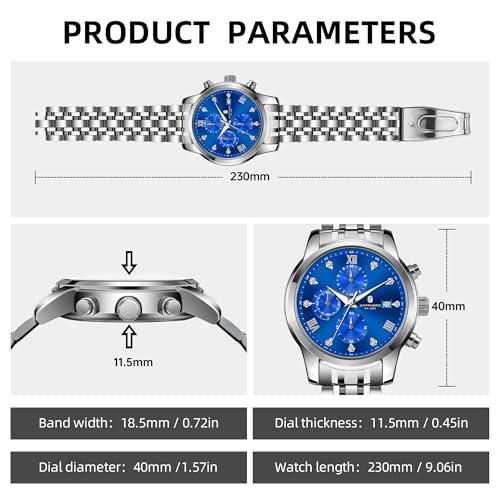 Image of Sapphero Watches for Men Waterproof Luminous Watches with Date Dial Chronograph Analog Quartz Movement Steel Stainless Business Wrist Watches Mens Gifts
