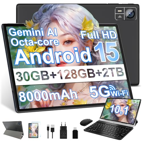 SUAAT Android 15 Tablet 10.1 Pulgadas, Gemini AI,Widevine L1,Octa Core, 8000mAh, 30GB RAM+ 128GB ROM+2TB, 8MP+5MP, Bluetooth 5.0, Incluye Ratón, Teclado y Funda Protectora-Negro