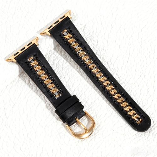 Image of HANDODO Italian Genuine Leather Band with gold chain details, Compatible with Apple Watch Series 11 10 9 8 7 6 5 4 3 2 1 SE SE2 Ultra 2 /3, SGS Certified Fashion Dressy Strap for women men