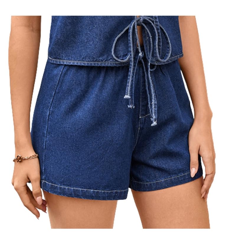 wesoke Women’s Summer Washed Lace-Up Vest Waistcoat Top and Shorts Casual Lightweight Outfit-picture-47