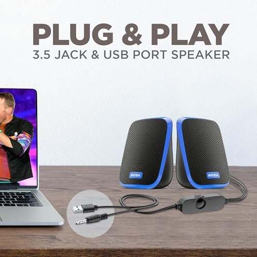 Image of Intex IT-120 2.0 Channel Desktop Speaker with 10W Powerful Sound, USB Powered, 3.5mm Jack, in-Line Volume Control, Loud & Compact Design, Portable for Laptop, Computer, Mobile - Blue