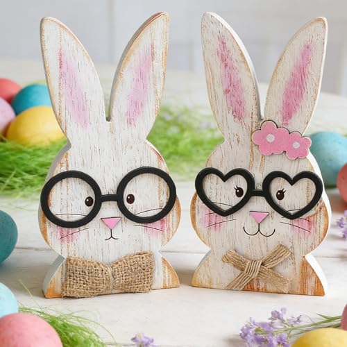 DAHI 2PCS Décoration de Pâques Lapin en Bois - Lapin de Paques Deco Table - Rustique - Debout - Décoration de Pâques pour la Maison (Rose)
