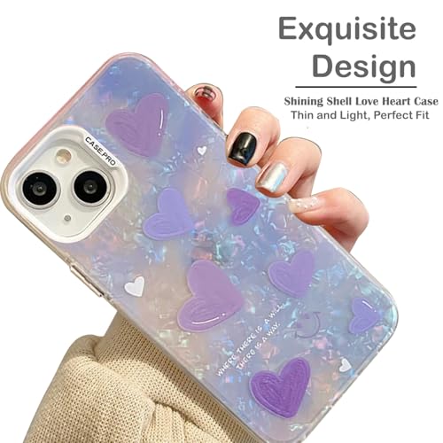 Image of mobistyle Designed for iPhone 14 Cover Cool Shining Shell Love Heart Pattern Design with TPU Edges Phone Back Cover Case for Girls Women (Bling Heart Purple)