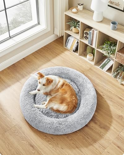 Feandrea Hundebett flauschig, Katzenbett, Donut Kissen, waschbar, Polsterung in der Mitte herausnehmbar, Langer Plüsch, 100 cm Durchmesser, Ombré-Grau PGW042G01