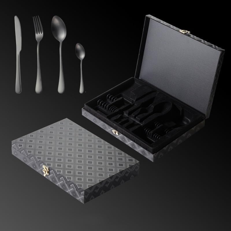 Flatware Silverware Set, 24-piece Stainless Steel Gift Box Set Of Cutlery, Forks And Spoons For Camping, Tableware Cutlery Set(Black)