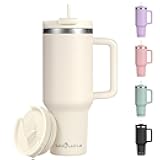 40oz Tumbler with Handle,Double Wall Vacuum Reusable Stainless Steel Insulated Water Bottle,With Leak Proof lid and Straw for Iced or Cold Beverages (Beige)