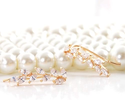 Miniatura 4 de Humble Chic - Aretes de oreja chapados en oro o plata de 14 quilates para mujer, aretes trepadores de hoja de cristal, hipoalergénicos, seguros para