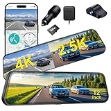 12'' 4K Rear View Mirror Camera,4K+2.5k Front and Rear Mirror Dash Cam,ADAS BSD LCA Smart Rearview Mirror for Cars,App WiFi,Night Vision, Parking Monitor, 64GB Card & GPS Digital View Mirror Dashcam