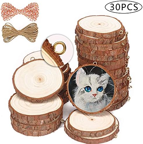 SENMUT Wood Slices Natural Log Slices 30Pcs 6-7cm Unfinished Wooden Circles for Garden Wooden Discs Christmas Decorations Wooden Hearts for Crafting Arts Wood Craft Supplies with Small Eye Screws