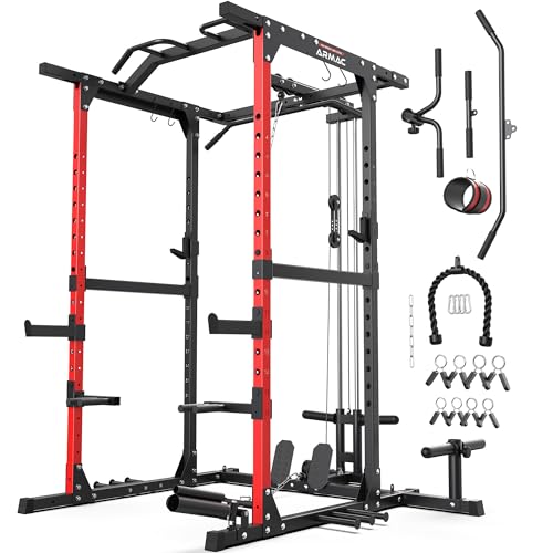 ARMAC Power Cage,1500lbs Multi-Function Power Rack with Adjustable Cable Crossover System and More Training Attachment (black)
