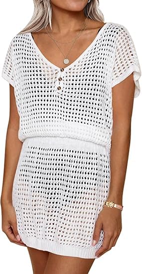 ELESOL Women's Swim Coverups Crochet Hollow Out Short Sleeve V Neck Beach Swimsuit Bathing Suit Cover Up Dresses