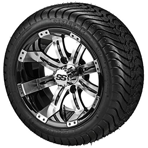 RM Cart 12 Casino Black/Machined on 215/35-12 LSI Elite Tires (Set of 4) | Golf Cart Tires and Wheels Combo with Metric Lug Nuts