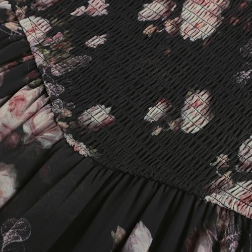 Image of Scarlet Darkness Floral Dress for Women Summer Puff Sleeve Square Neck A Line Flowy Wedding Guest Tea Party Dresses