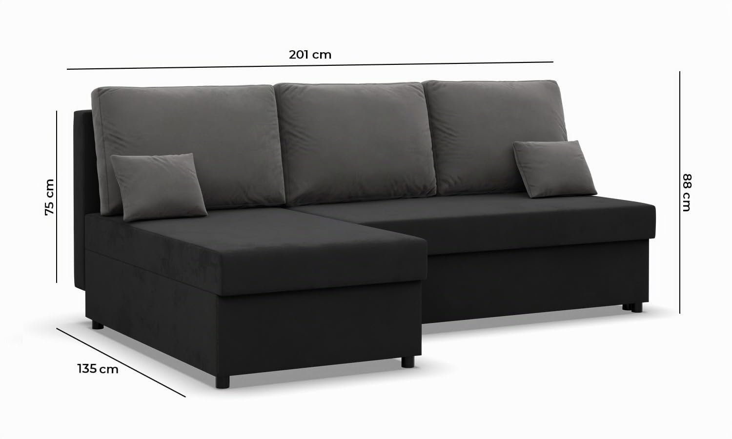 Mebligo Kemi - Ecksofa mit Schlaffunktion, Bettkastem, Komfort und Still, Schaum, schwarz + grau (Mikrofaza 15)